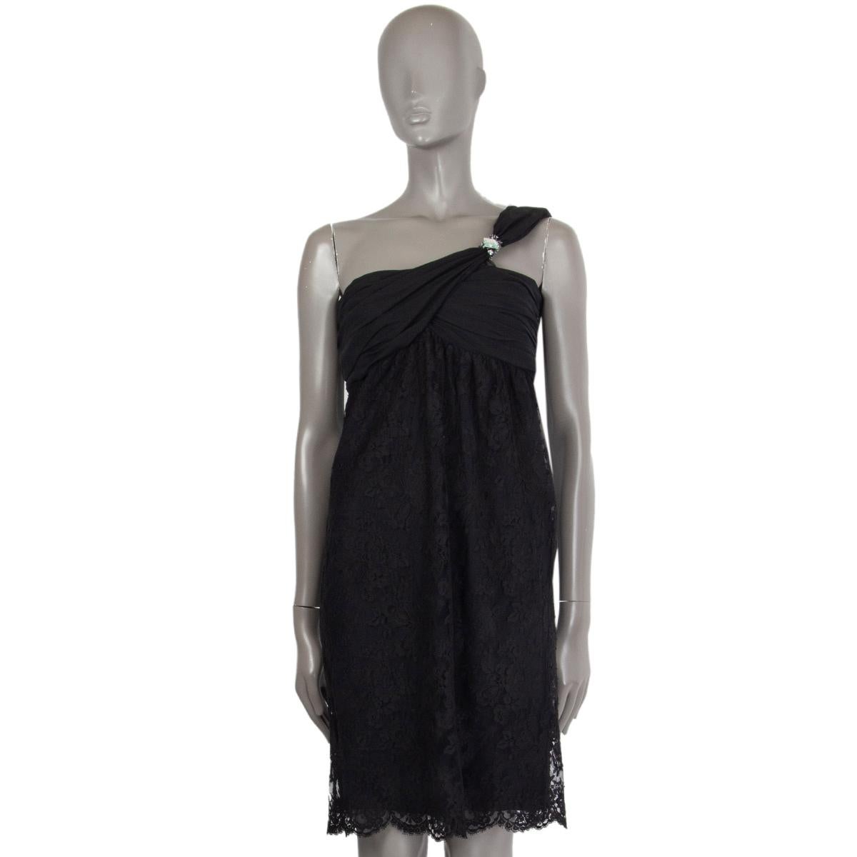 Black VALENTINO black cotton EMBELLISHED ONE SHOULDER LACE Dress 6