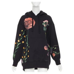 VALENTINO black cotton oversized macro rose floral print pouch hoodie M