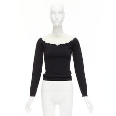 VALENTINO black cream beaded lace collar virgin wool cashmere crop sweater XS