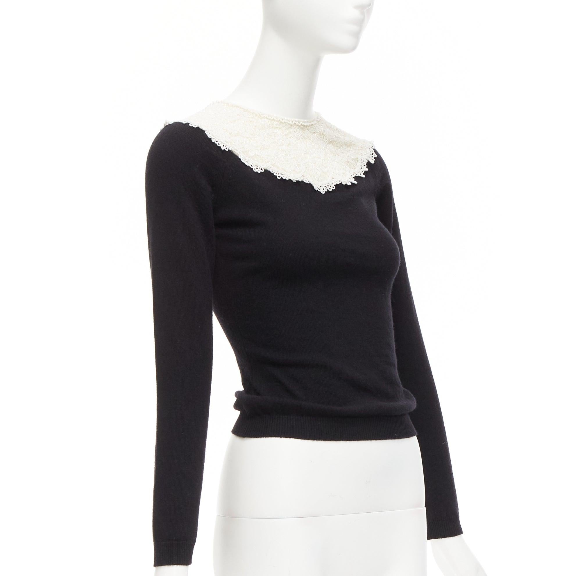 Black VALENTINO black cream beaded lace collar virgin wool cashmere crop sweater XS For Sale