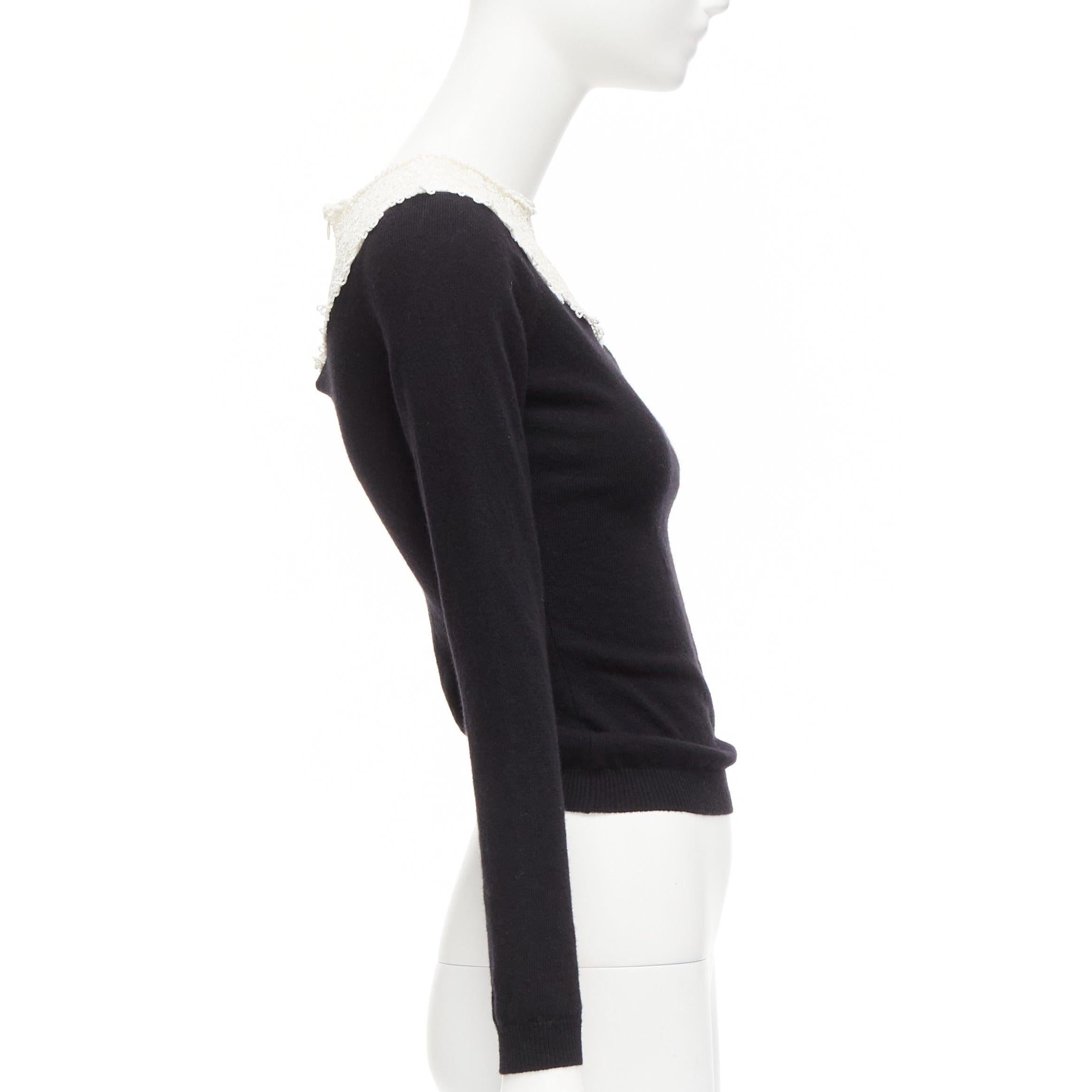 Women's VALENTINO black cream beaded lace collar virgin wool cashmere crop sweater XS For Sale