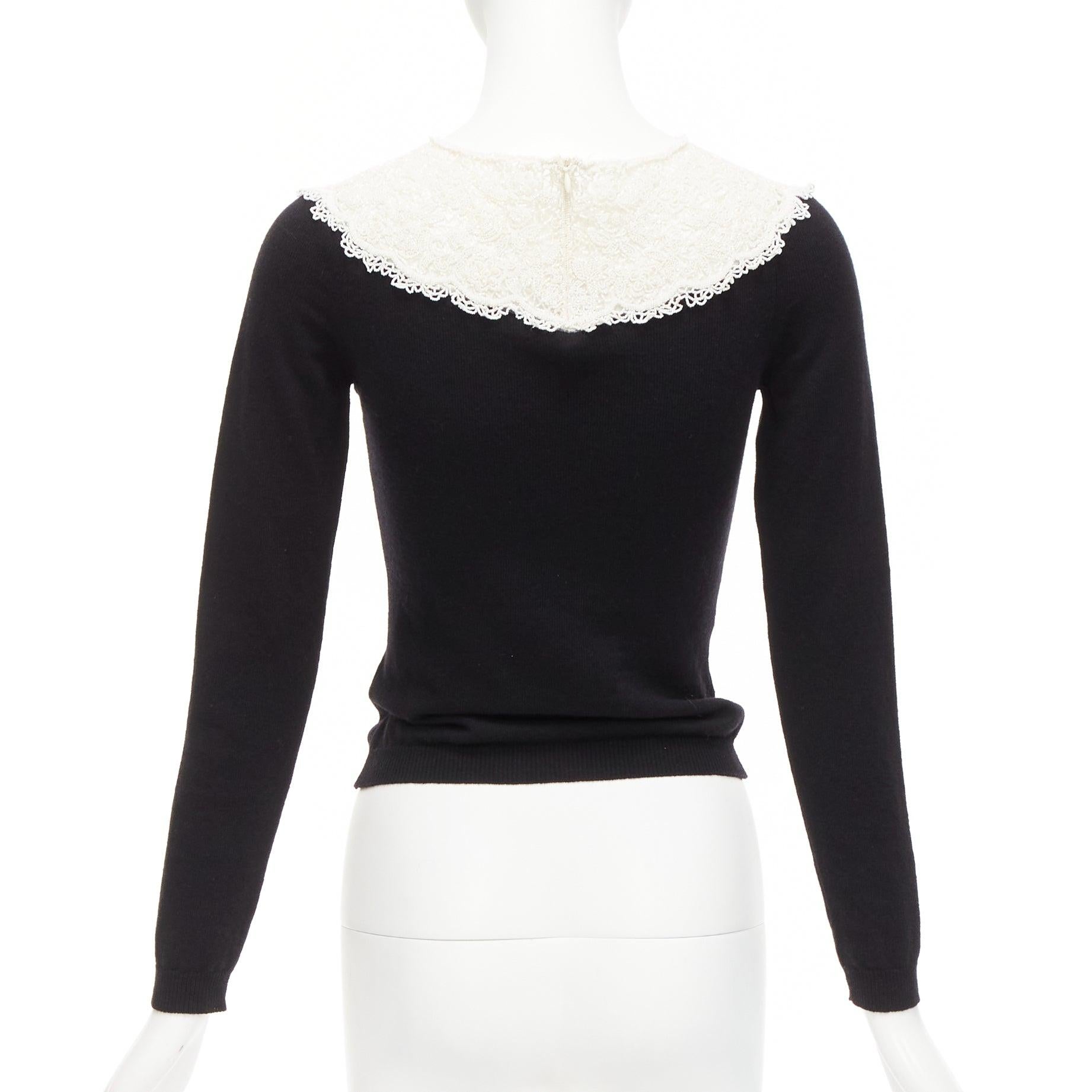 VALENTINO black cream beaded lace collar virgin wool cashmere crop sweater XS For Sale 1