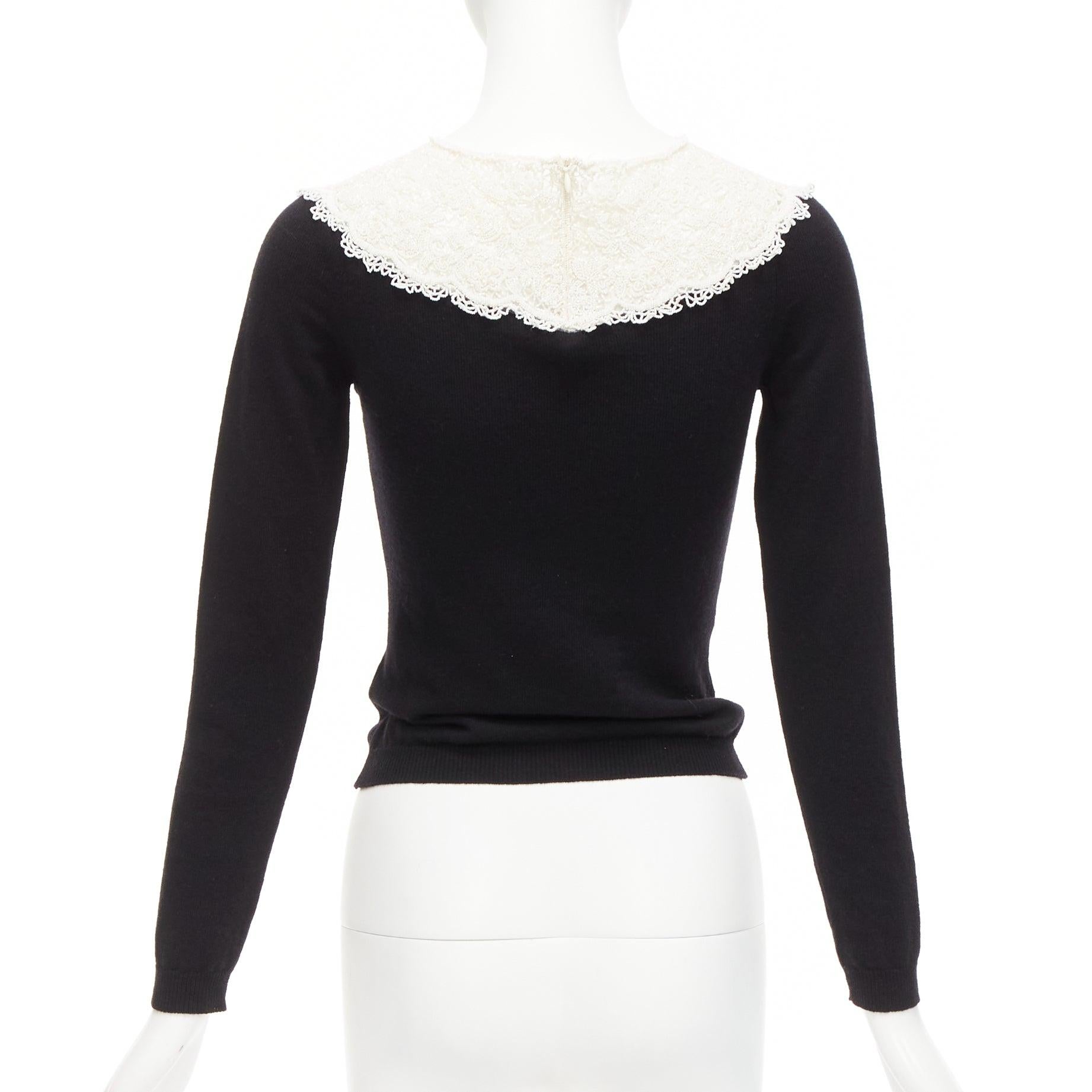 VALENTINO black cream beaded lace collar virgin wool cashmere crop sweater XS For Sale 2
