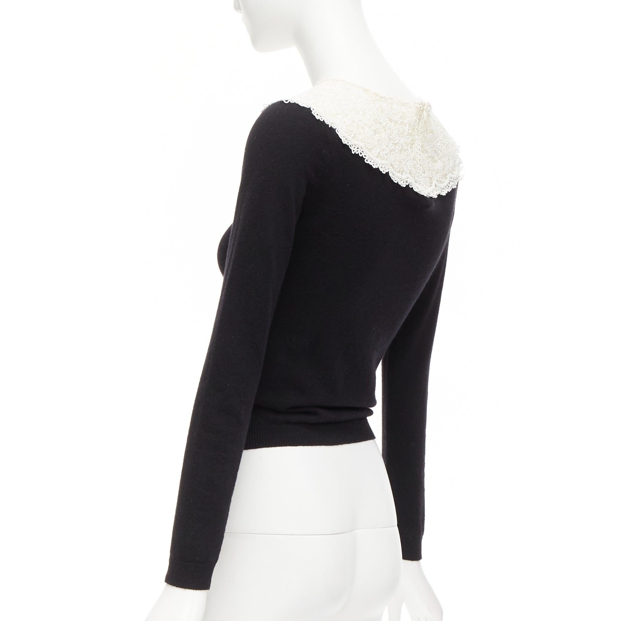 VALENTINO black cream beaded lace collar virgin wool cashmere crop sweater XS For Sale 2