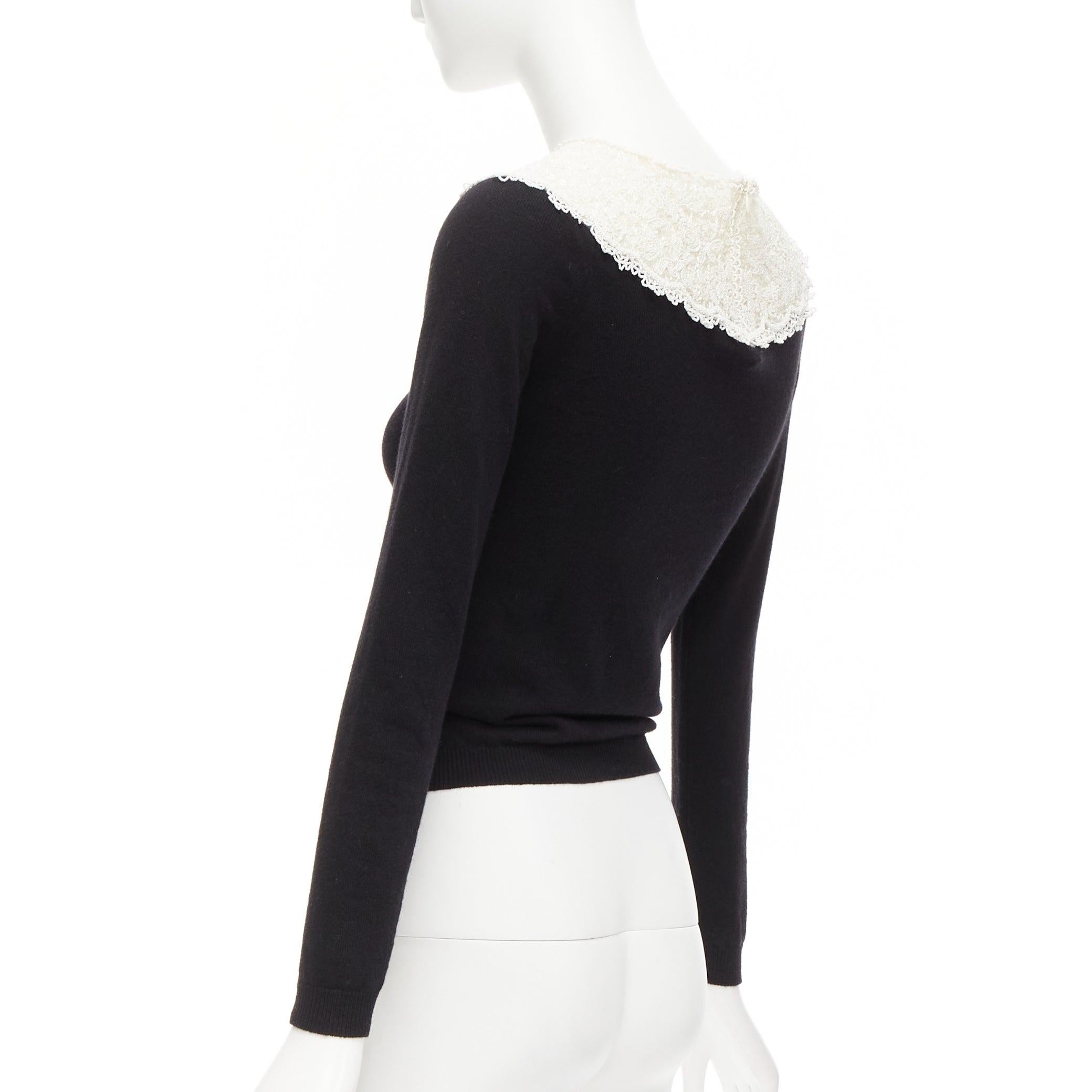 VALENTINO black cream beaded lace collar virgin wool cashmere crop sweater XS For Sale 3