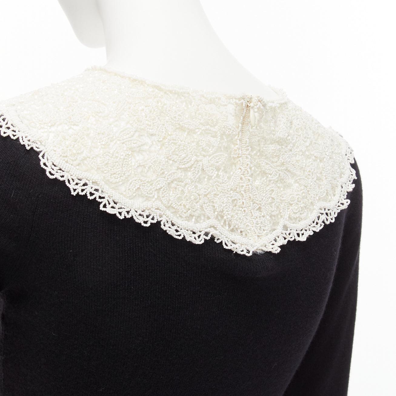 VALENTINO black cream beaded lace collar virgin wool cashmere crop sweater XS For Sale 4