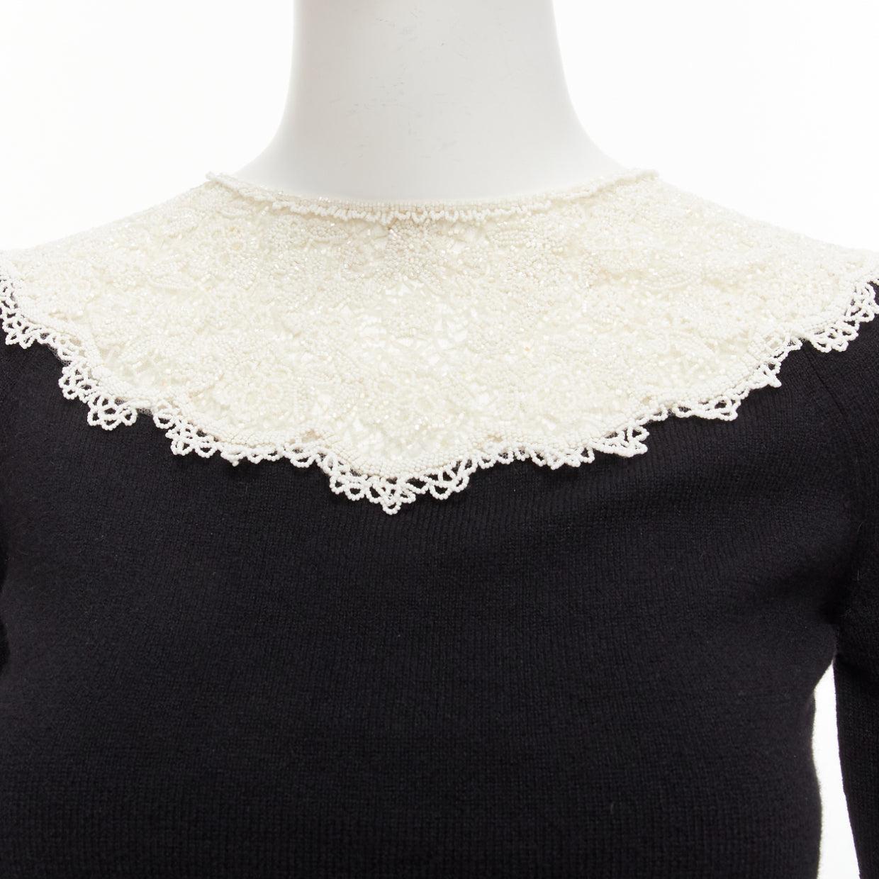 VALENTINO black cream beaded lace collar virgin wool cashmere crop sweater XS For Sale 5