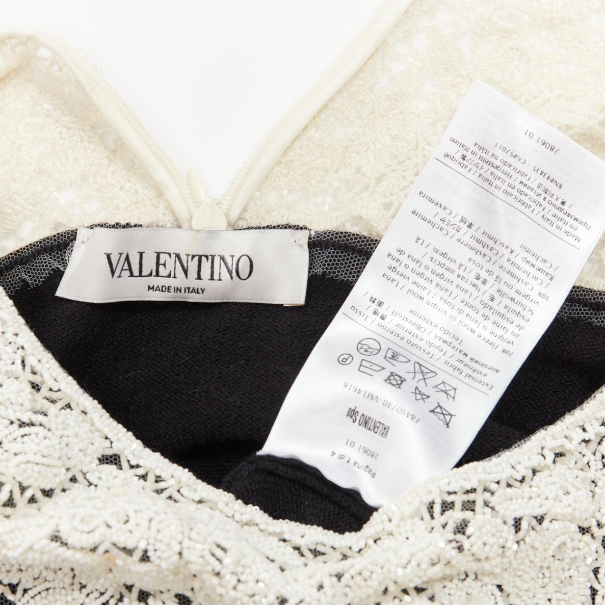 VALENTINO black cream beaded lace collar virgin wool cashmere crop sweater XS For Sale 6