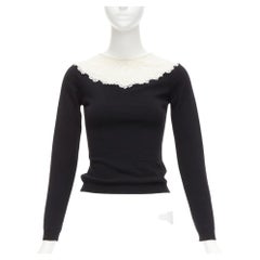 VALENTINO black cream beaded lace collar virgin wool cashmere crop sweater XS
