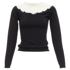 VALENTINO black cream beaded lace collar virgin wool cashmere crop sweater XS