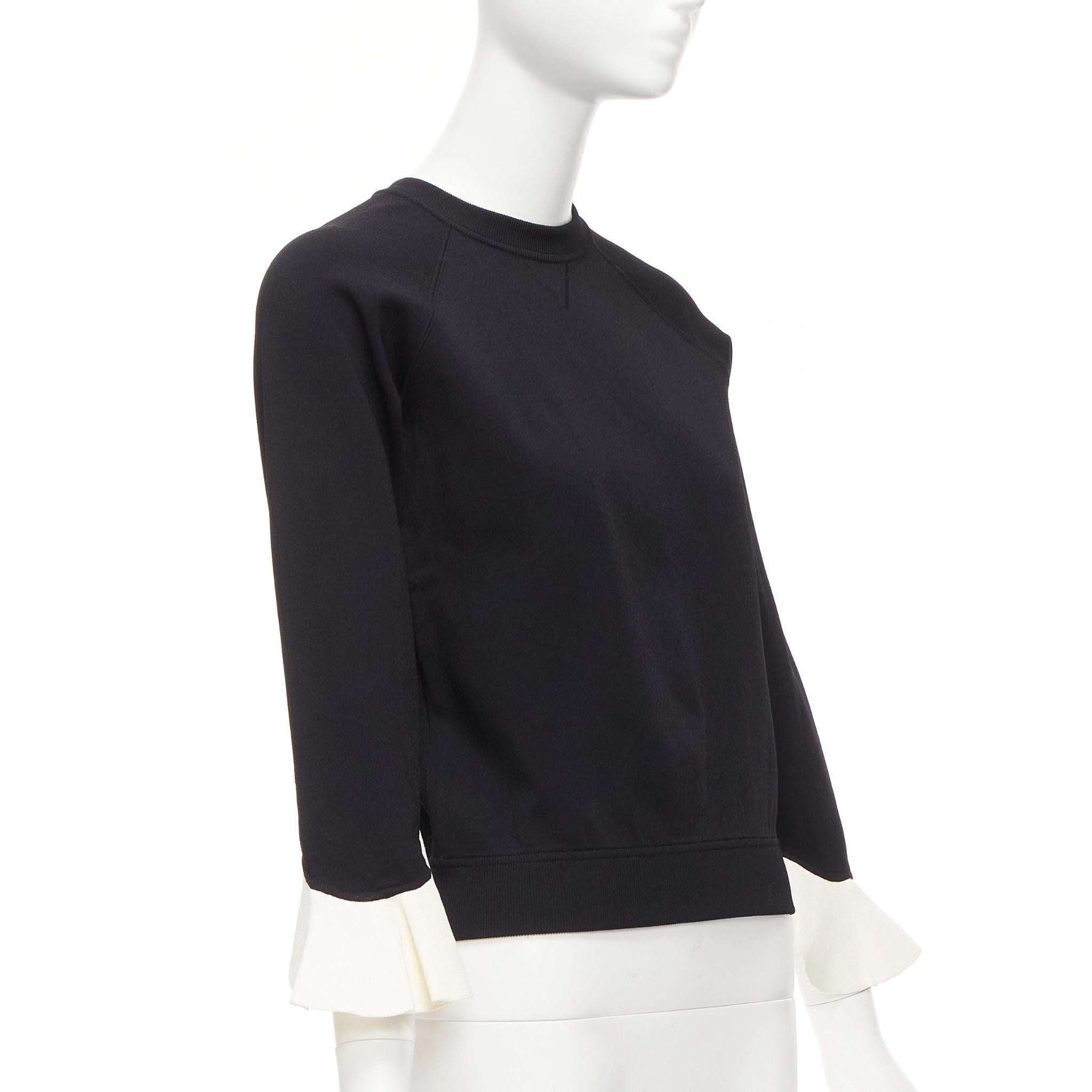 Women's VALENTINO black cream flare ruffles cuffs crew neck sweater top S For Sale