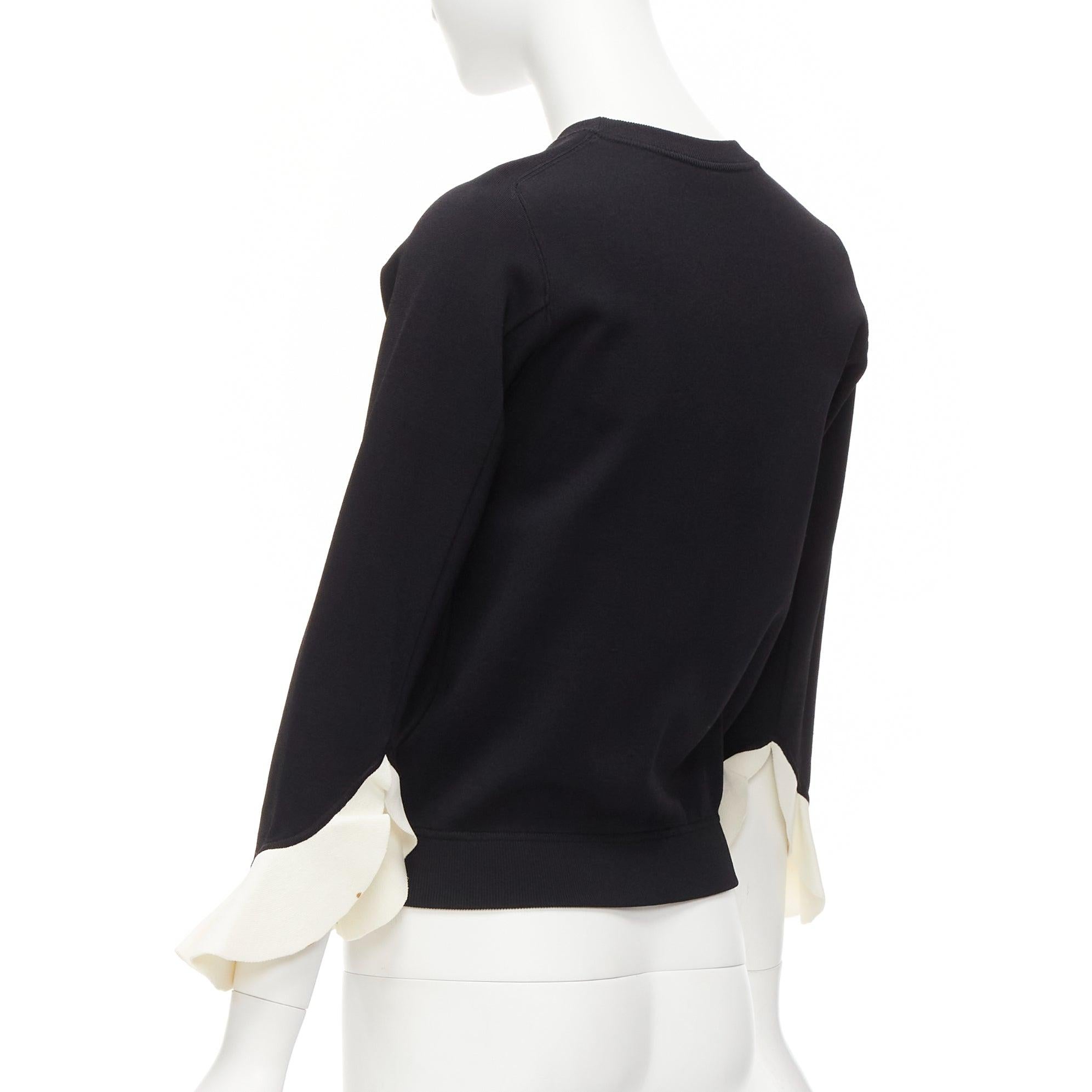 VALENTINO black cream flare ruffles cuffs crew neck sweater top S For Sale 2
