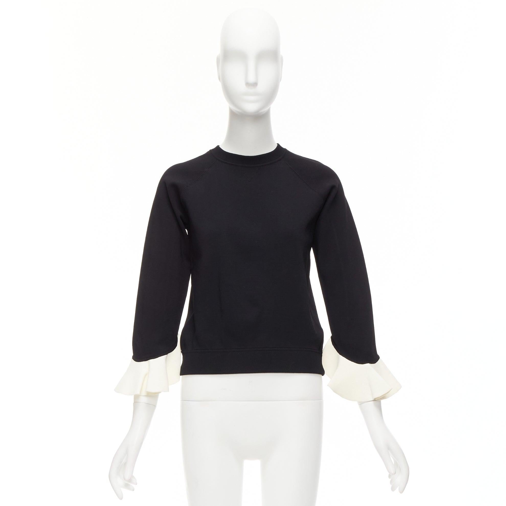 VALENTINO black cream flare ruffles cuffs crew neck sweater top S For Sale 5