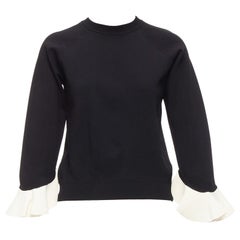 VALENTINO black cream flare ruffles cuffs crew neck sweater top S