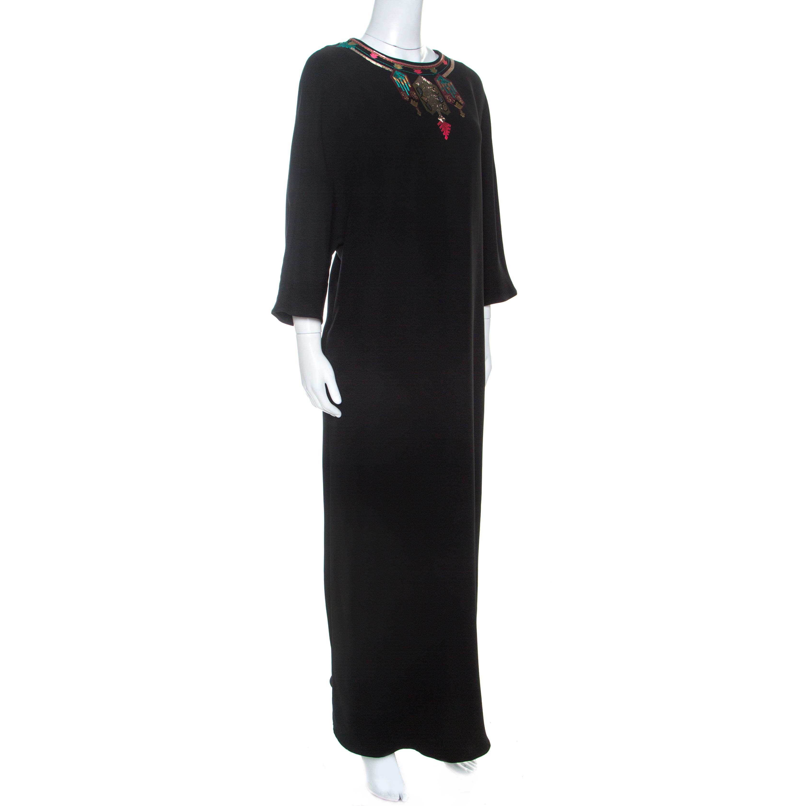 Valentino Black Crepe Embroidered Detail Maxi Dress L In Good Condition In Dubai, Al Qouz 2