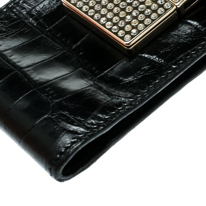 Women's Valentino Black Croc Embossed Leather Crystal Studded Cigarette Case