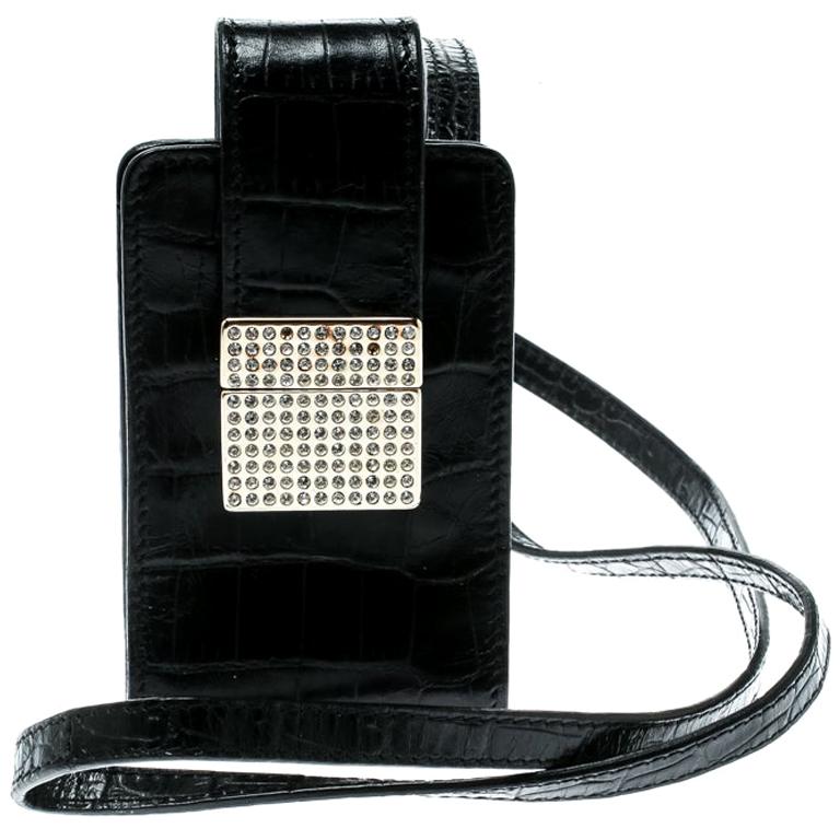 Valentino Black Croc Embossed Leather Crystal Studded Cigarette Case