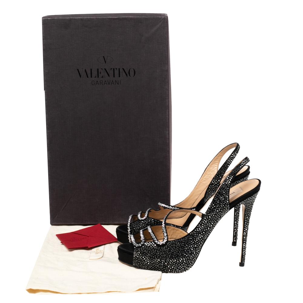 Women's Valentino Black Crystal Embellished Satin Slingback Sandals Size 40
