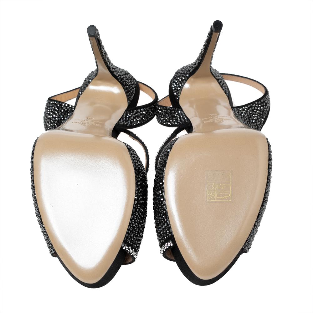 Valentino Black Crystal Embellished Satin Slingback Sandals Size 40 1