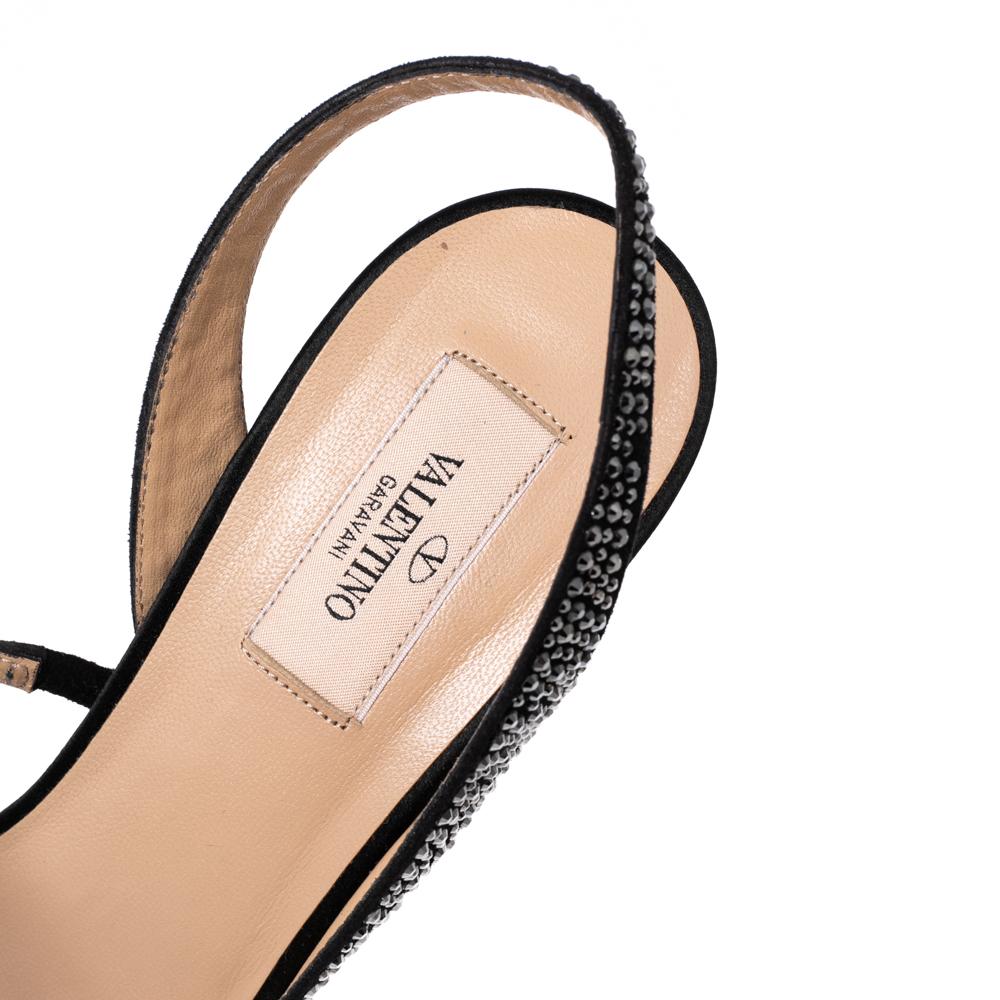 Valentino Black Crystal Embellished Satin Slingback Sandals Size 40 3