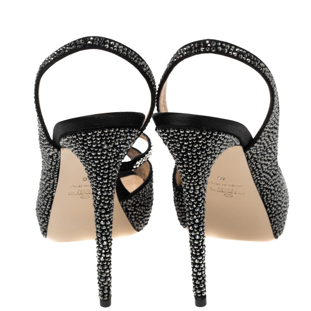 Valentino Black Crystal Embellished Satin Slingback Sandals Size 40 4