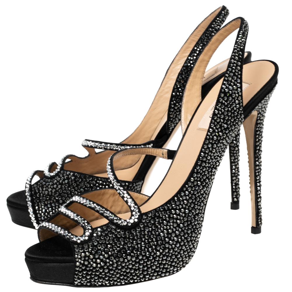 Valentino Black Crystal Embellished Satin Slingback Sandals Size 40 5