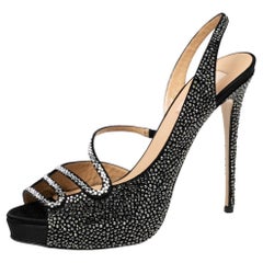 Valentino Black Crystal Embellished Satin Slingback Sandals Size 40