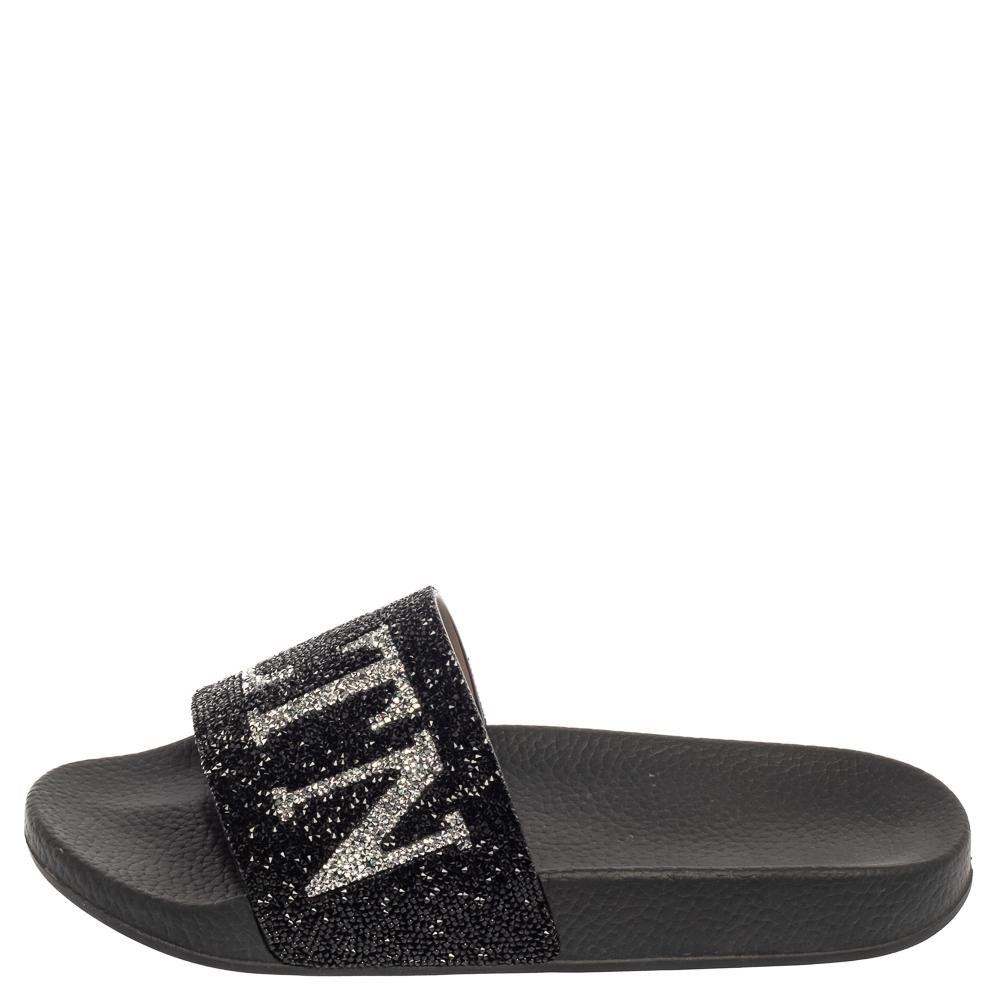 Women's Valentino Black Crystal Logo Slide Sandals Size 39