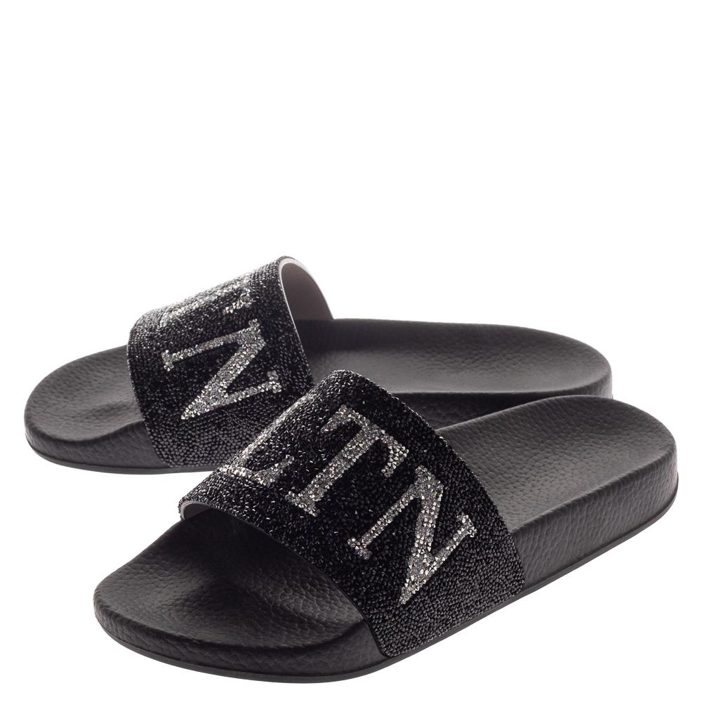 Valentino Black Crystal Logo Slide Sandals Size 39 2