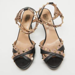 Valentino Black/Dusty Pink Leather Rockstud Platform Ankle Strap Sandals Size 39