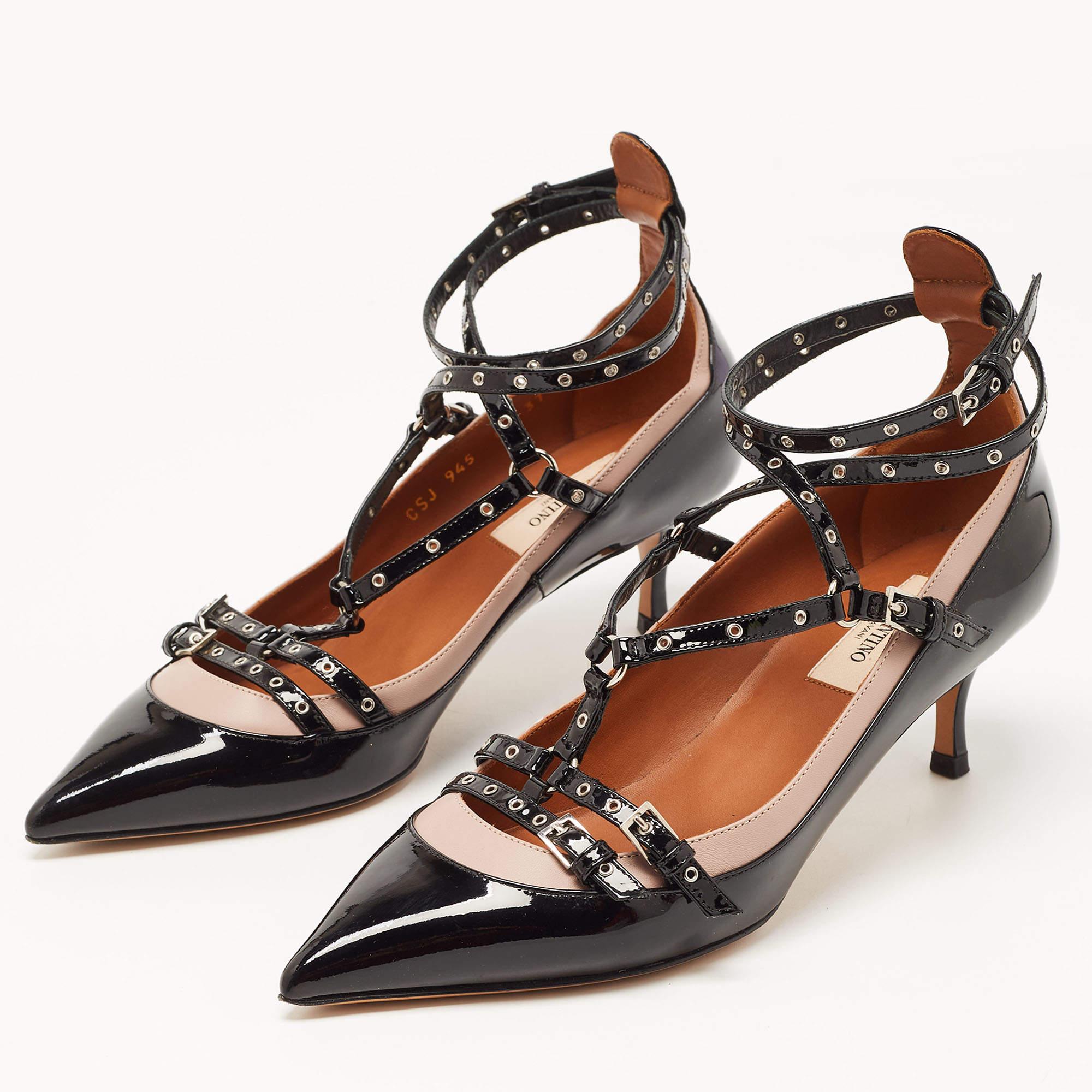 Women's Valentino Black/Dusty Pink Patent and Leather Love Latch Pumps Size 37.5 For Sale