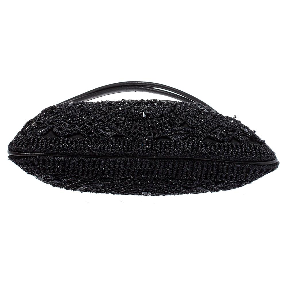 Valentino Black Embellished Crochet Fabric VRing Flap Hobo 6