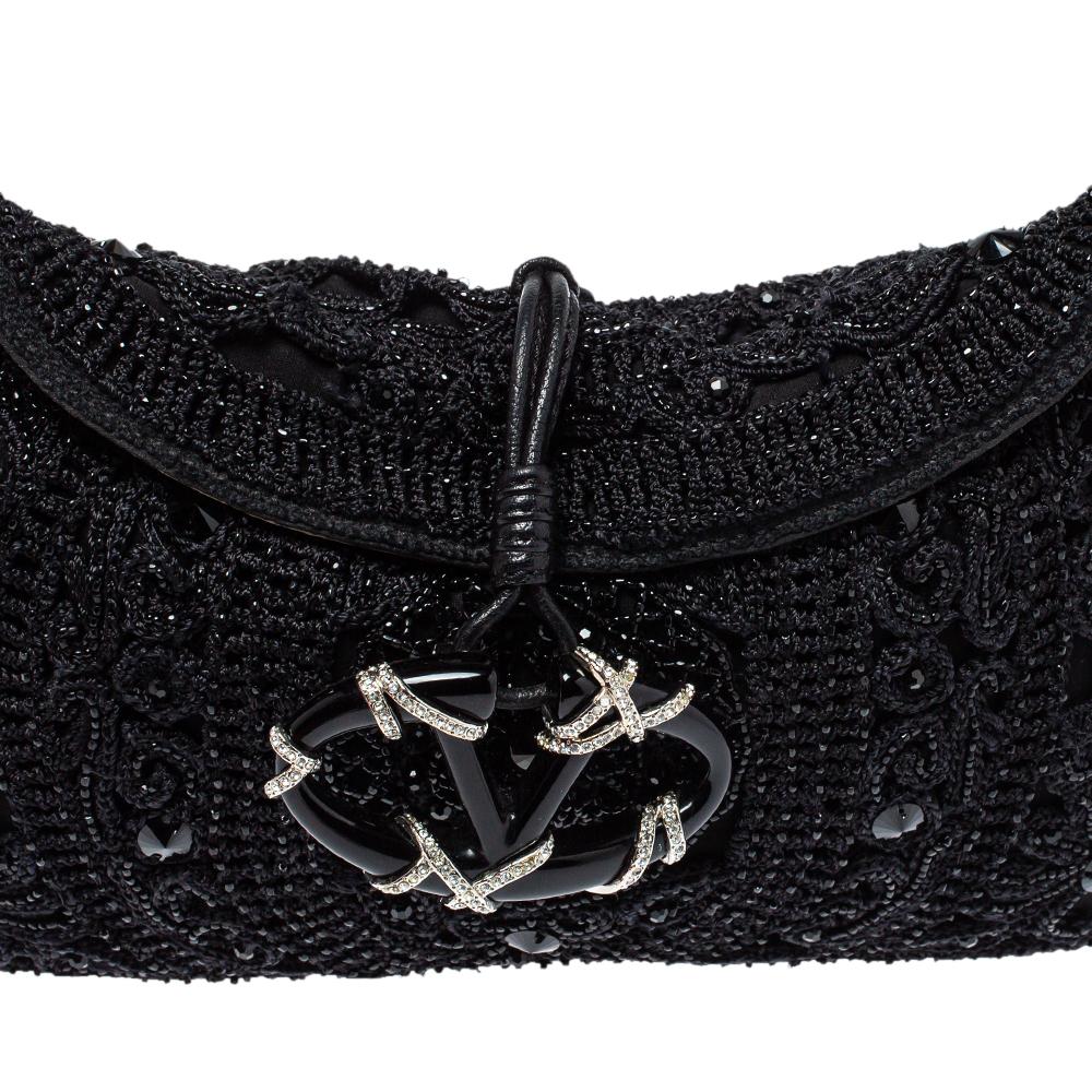 Women's Valentino Black Embellished Crochet Fabric VRing Flap Hobo