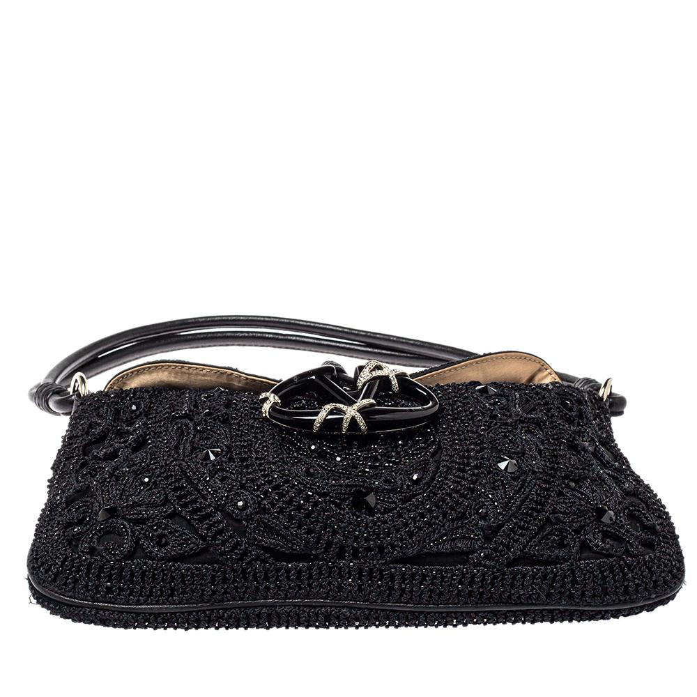 Valentino Black Embellished Crochet Fabric VRing Flap Hobo 1