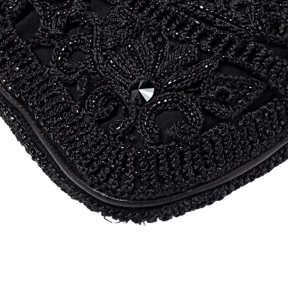 Valentino Black Embellished Crochet Fabric VRing Flap Hobo 3