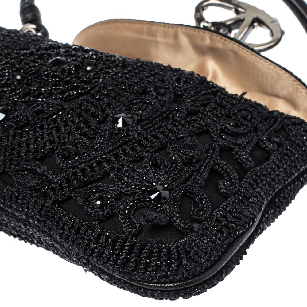 Valentino Black Embellished Crochet Fabric VRing Flap Hobo 2