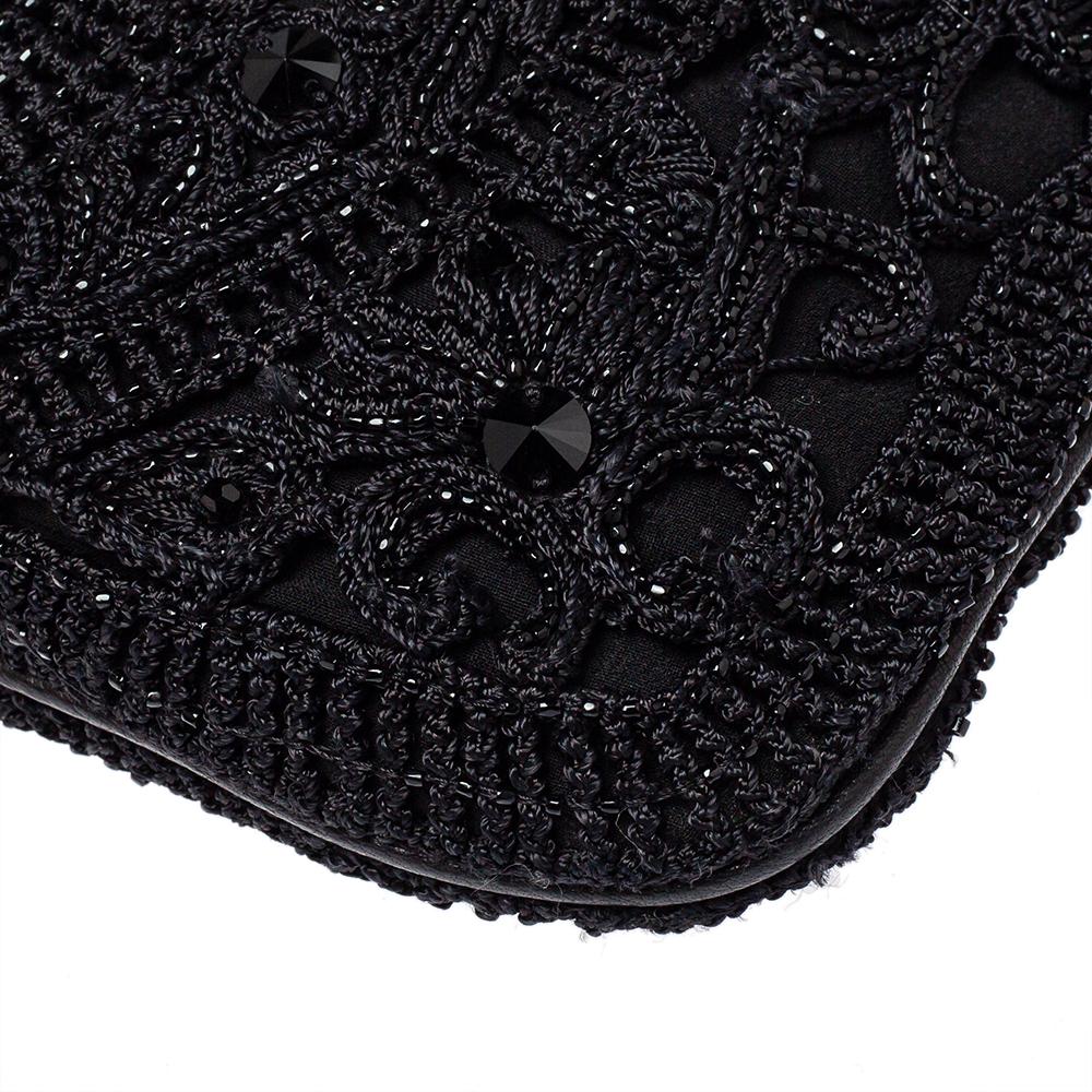 Valentino Black Embellished Crochet Fabric VRing Flap Hobo 4