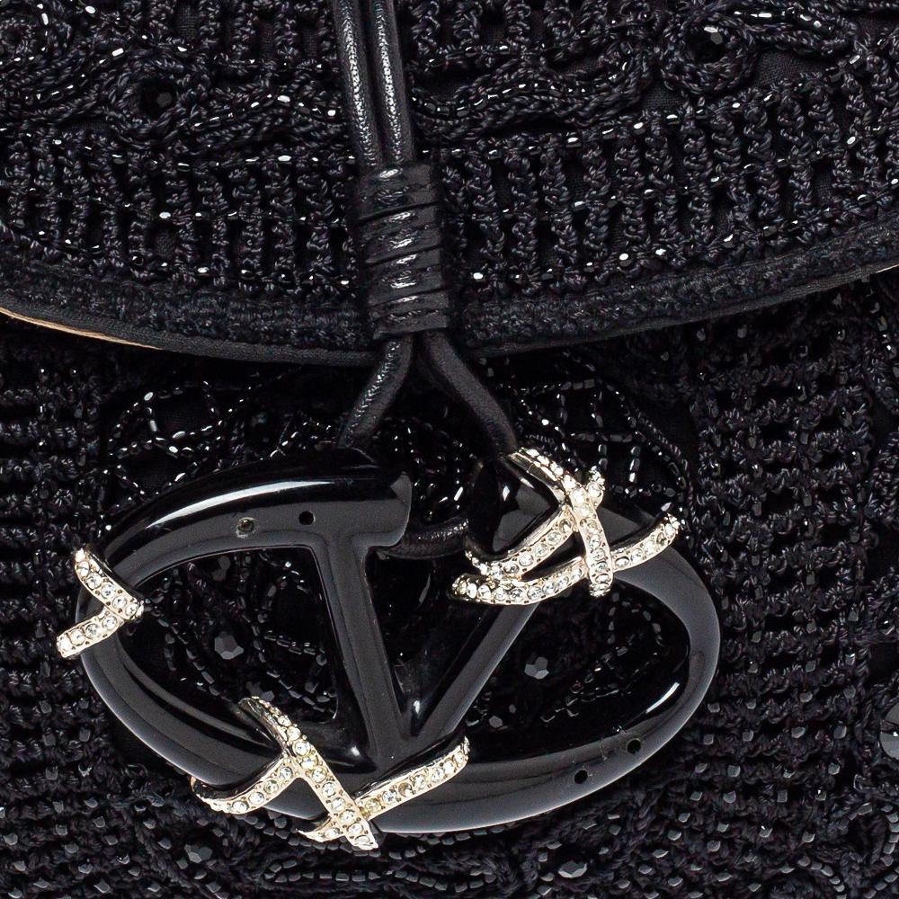 Valentino Black Embellished Crochet Fabric VRing Flap Hobo 5