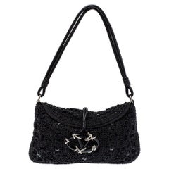 Valentino Black Embellished Crochet Fabric VRing Flap Hobo