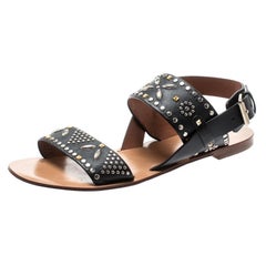 Valentino Black Embellished Leather Flat Sandals Size 37