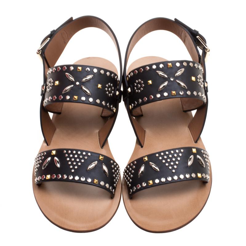 Valentino Black Embellished Leather Flat Sandals Size 37.5 In New Condition In Dubai, Al Qouz 2