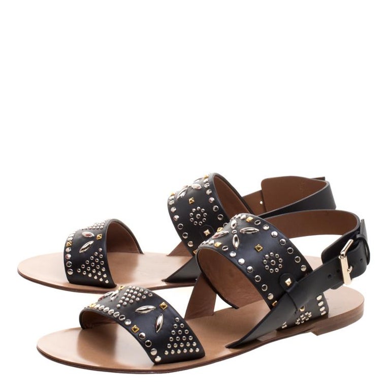 Valentino Black Embellished Leather Flat Sandals Size 37.5 For Sale at ...