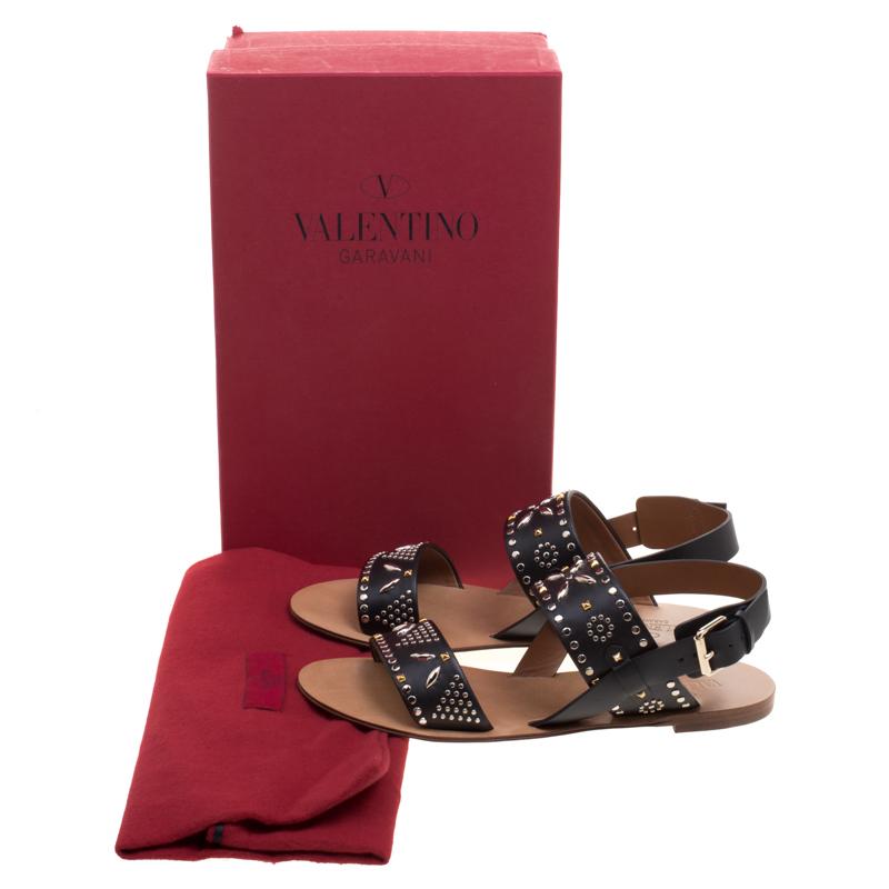 Valentino Black Embellished Leather Flat Sandals Size 37.5 4