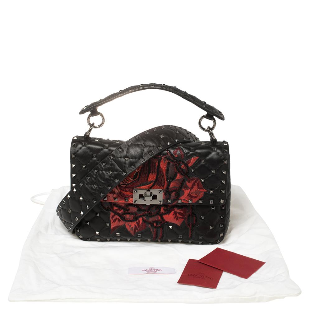 Valentino Black Embroidered Beaded Leather Medium Rockstud Spike Top Handle Bag 6