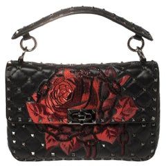 Valentino Black Embroidered Beaded Leather Medium Rockstud Spike Top Handle Bag