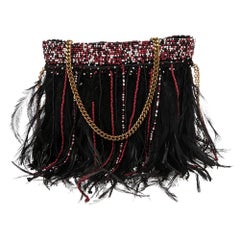 Valentino Black Emu Feather Bead Embellished Chain Clutch