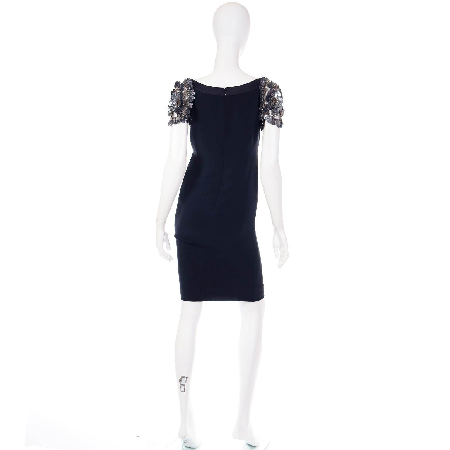 Women's Valentino Navy Evening Dress With Silver Beaded Applique Sleeves & Satin Bow 