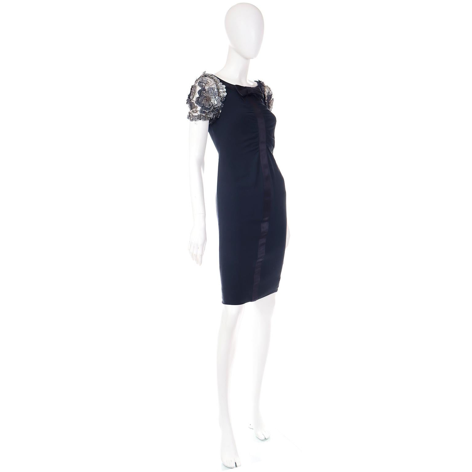 Valentino Navy Evening Dress With Silver Beaded Applique Sleeves & Satin Bow  1