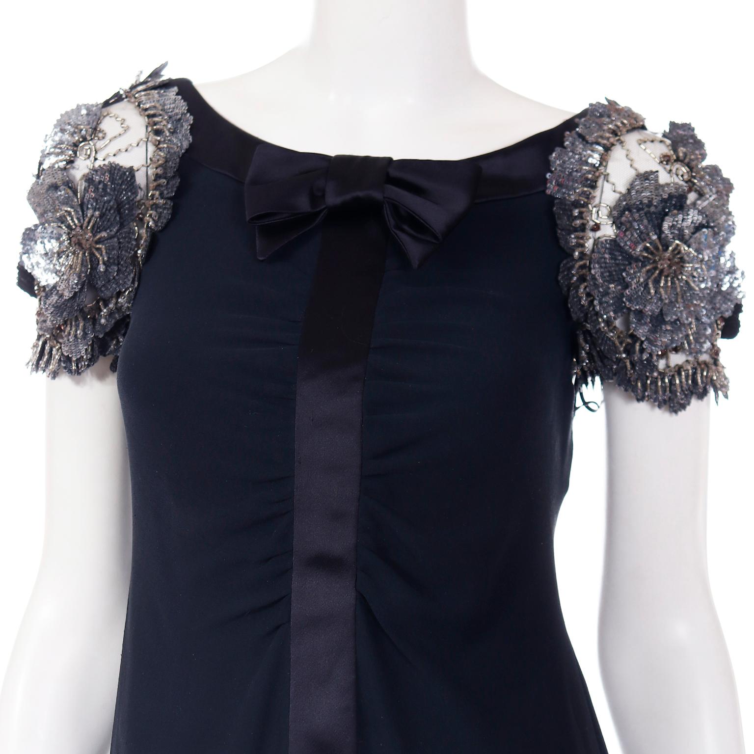 Valentino Navy Evening Dress With Silver Beaded Applique Sleeves & Satin Bow  2