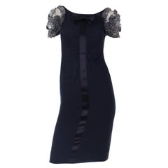 Valentino Navy Evening Dress With Silver Beaded Applique Sleeves & Satin Bow 